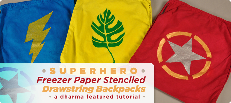 Superhero Freezer Paper Stenciled Drawstring Backpacks